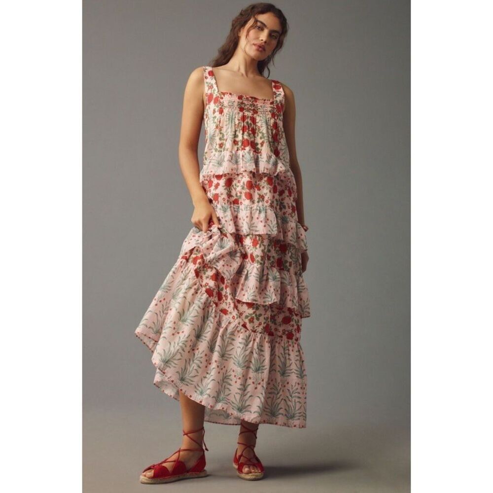 Anthropologie Sleeveless Square-Neck Tiered Midi Dress